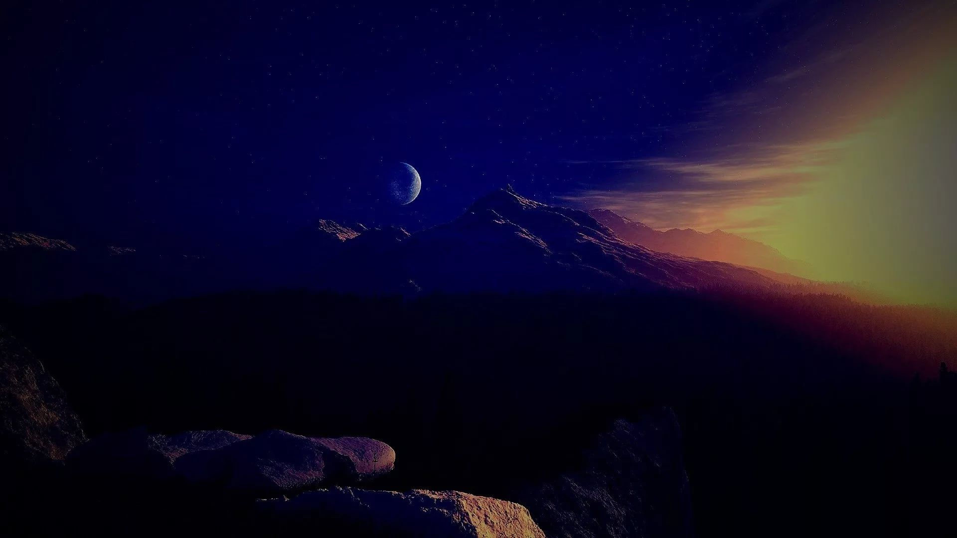 Ночные горы с луной